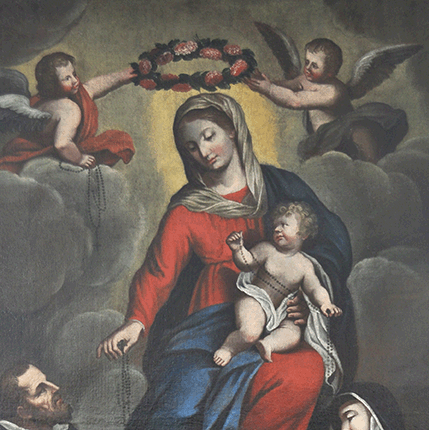 Restauro di una pala d’altare, olio su tela Madonna con Bambino e Misteri del Rosario