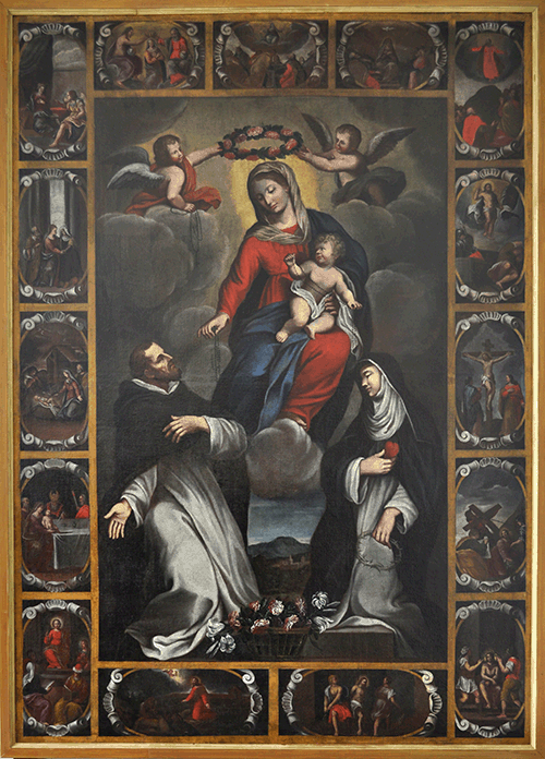 Restauro di una pala d’altare, olio su tela Madonna con Bambino e Misteri del Rosario